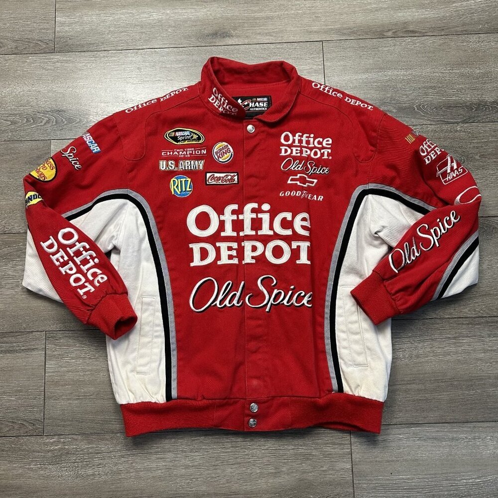 Vintage Tony Stewart NASCAR Jacket Mens L Red Old Spice Office Depot #14 Y2K